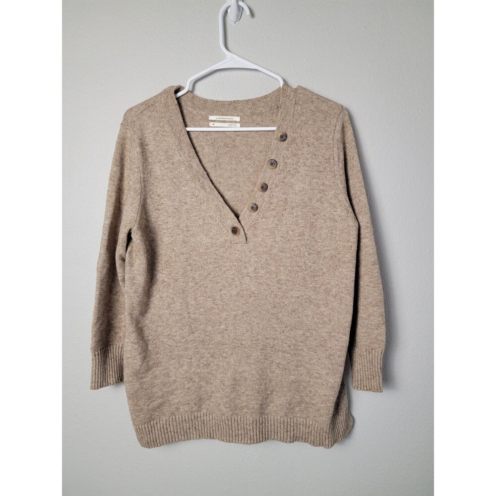 Anthropologie wool blend V-neck 3/4 Sleeve Tan Sweater Petite Medium